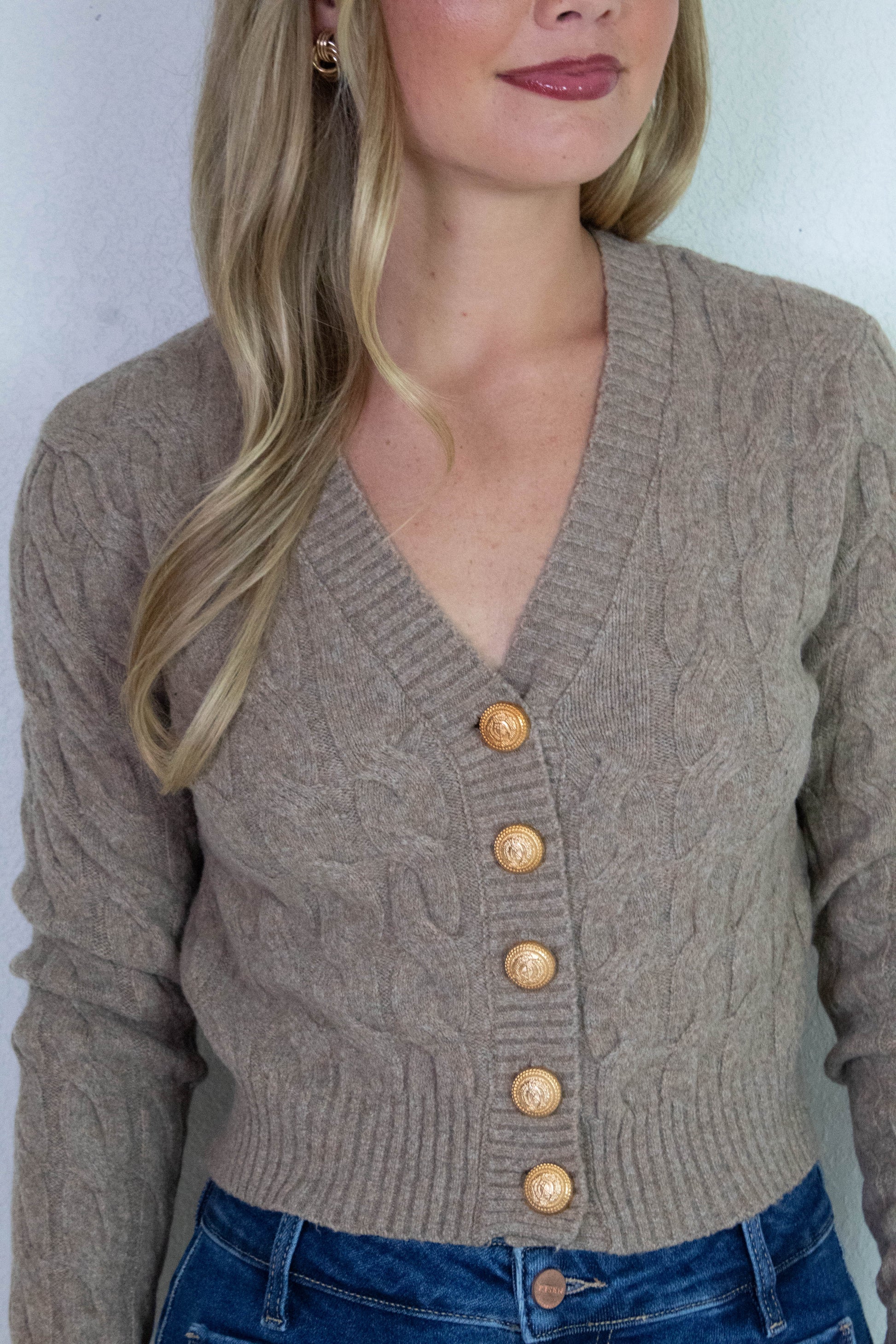  Ellie Gold Button Cable Knit Cardigan, Taupe