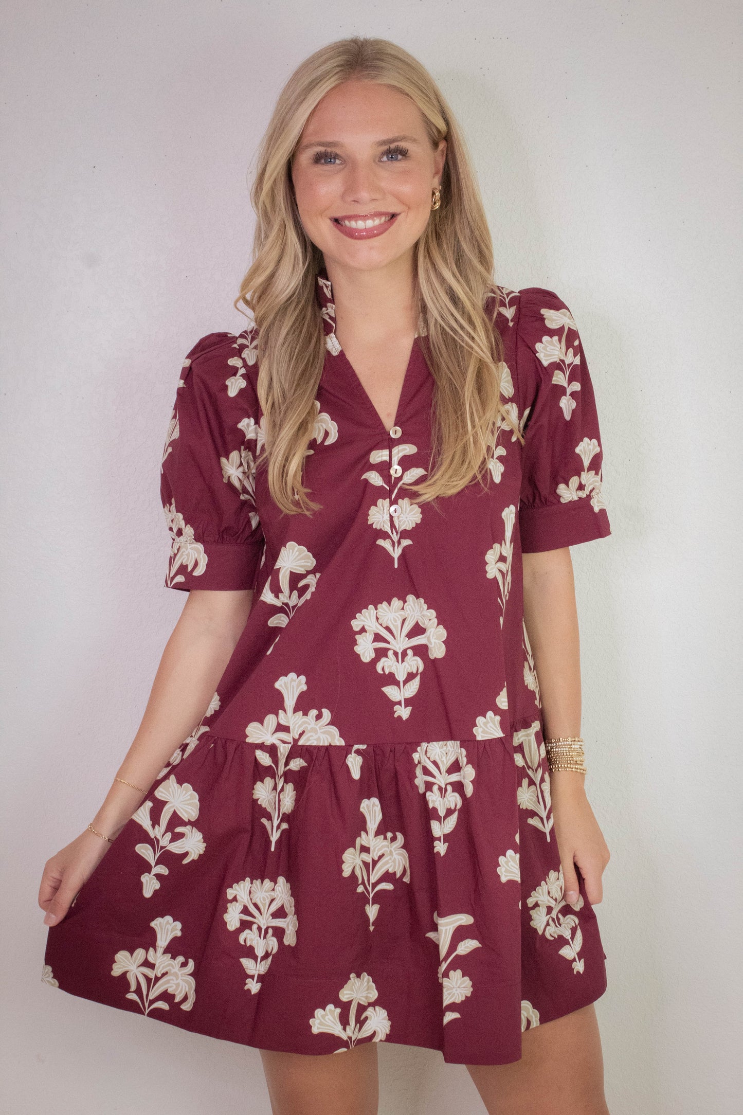  Zoe Printed Mini Dress, Garnet