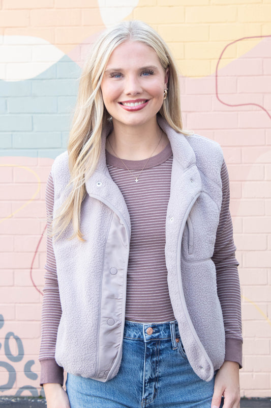 Be Cool Elena Fleece Button Up Vest, Earth Grey