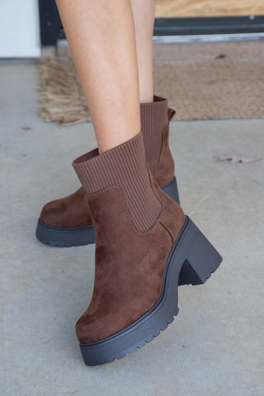  Super Knit Sock Chelsea Boots, Chocolate Faux Suede