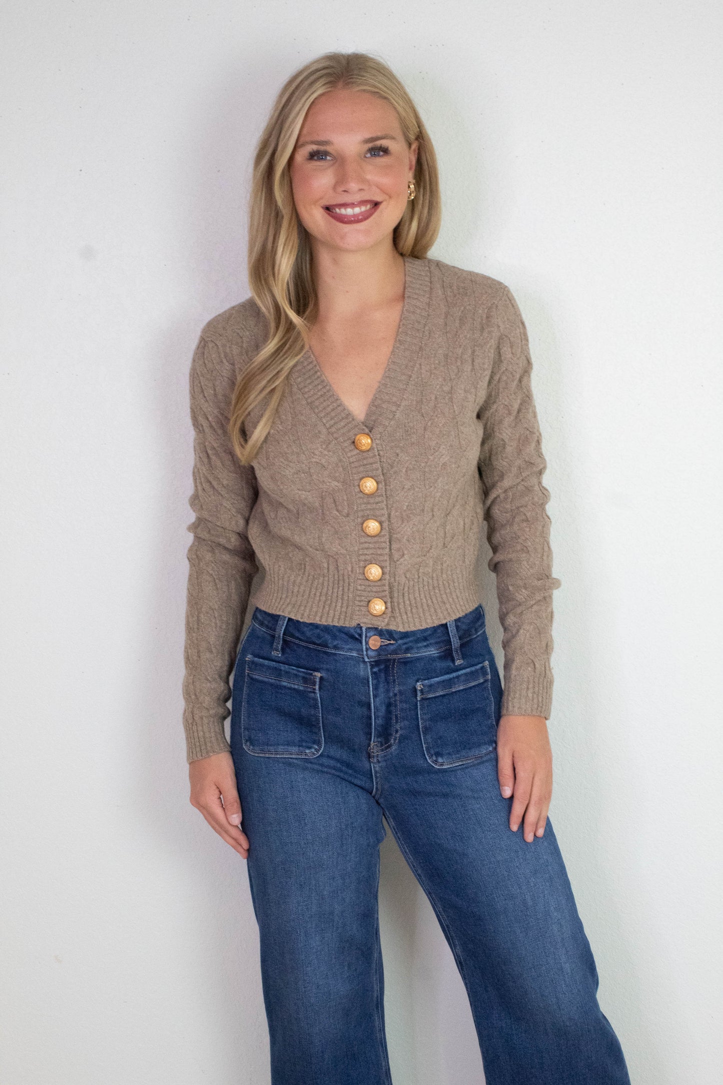  Ellie Gold Button Cable Knit Cardigan, Taupe