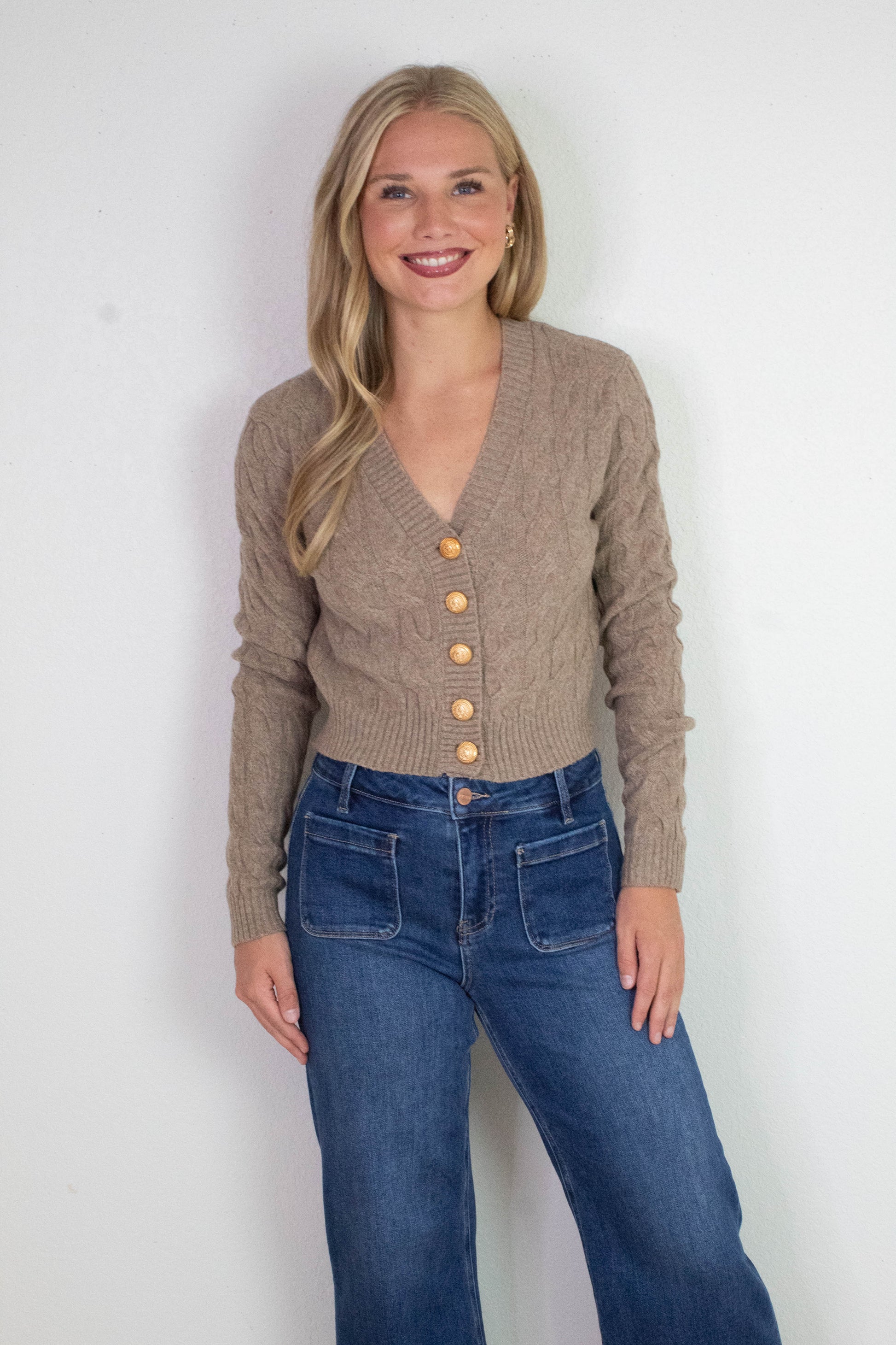  Ellie Gold Button Cable Knit Cardigan, Taupe