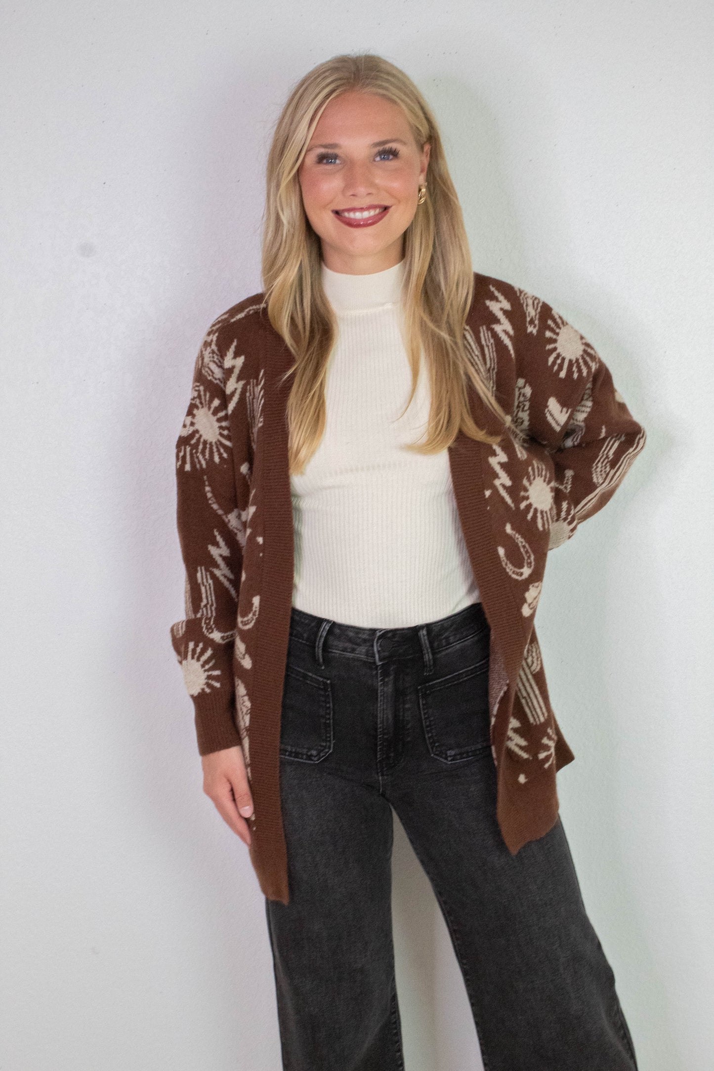  Alina Oversized Western Print Cardigan, Chocolate