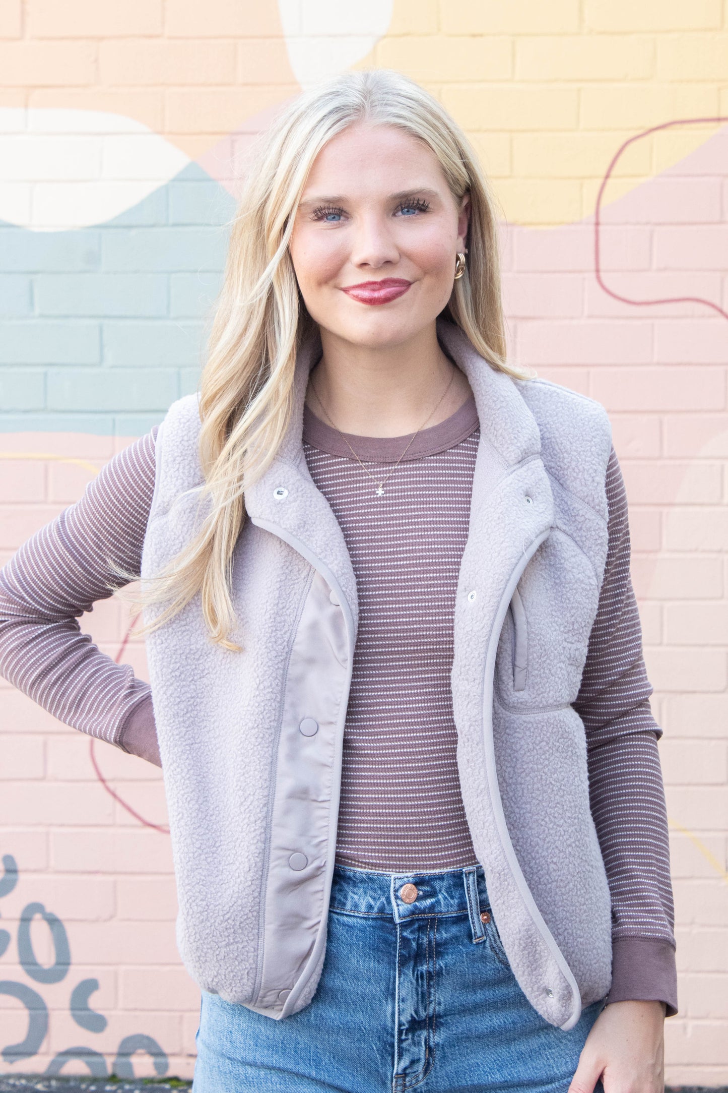Be Cool Elena Fleece Button Up Vest, Earth Grey
