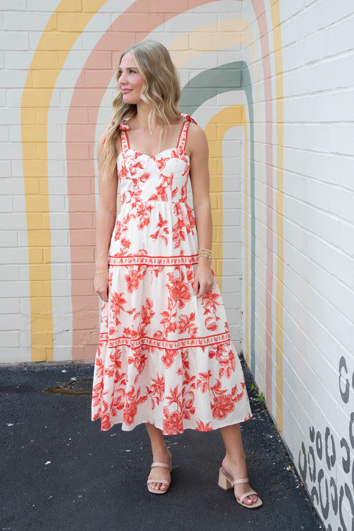  Milena Floral Shoulder Tie Bustier Dress, Sunset
