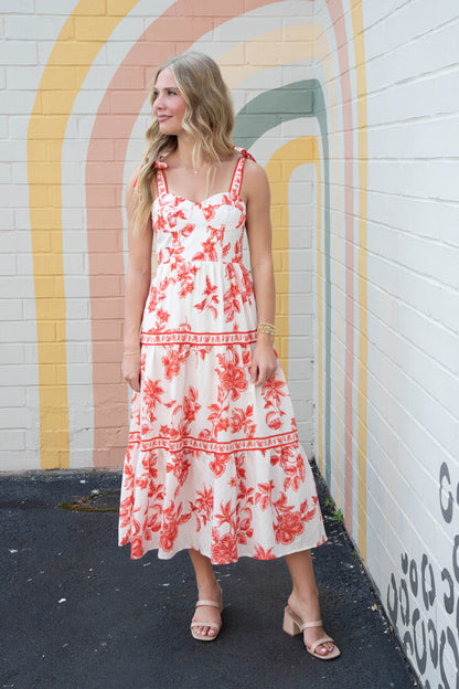  Milena Floral Shoulder Tie Bustier Dress, Sunset