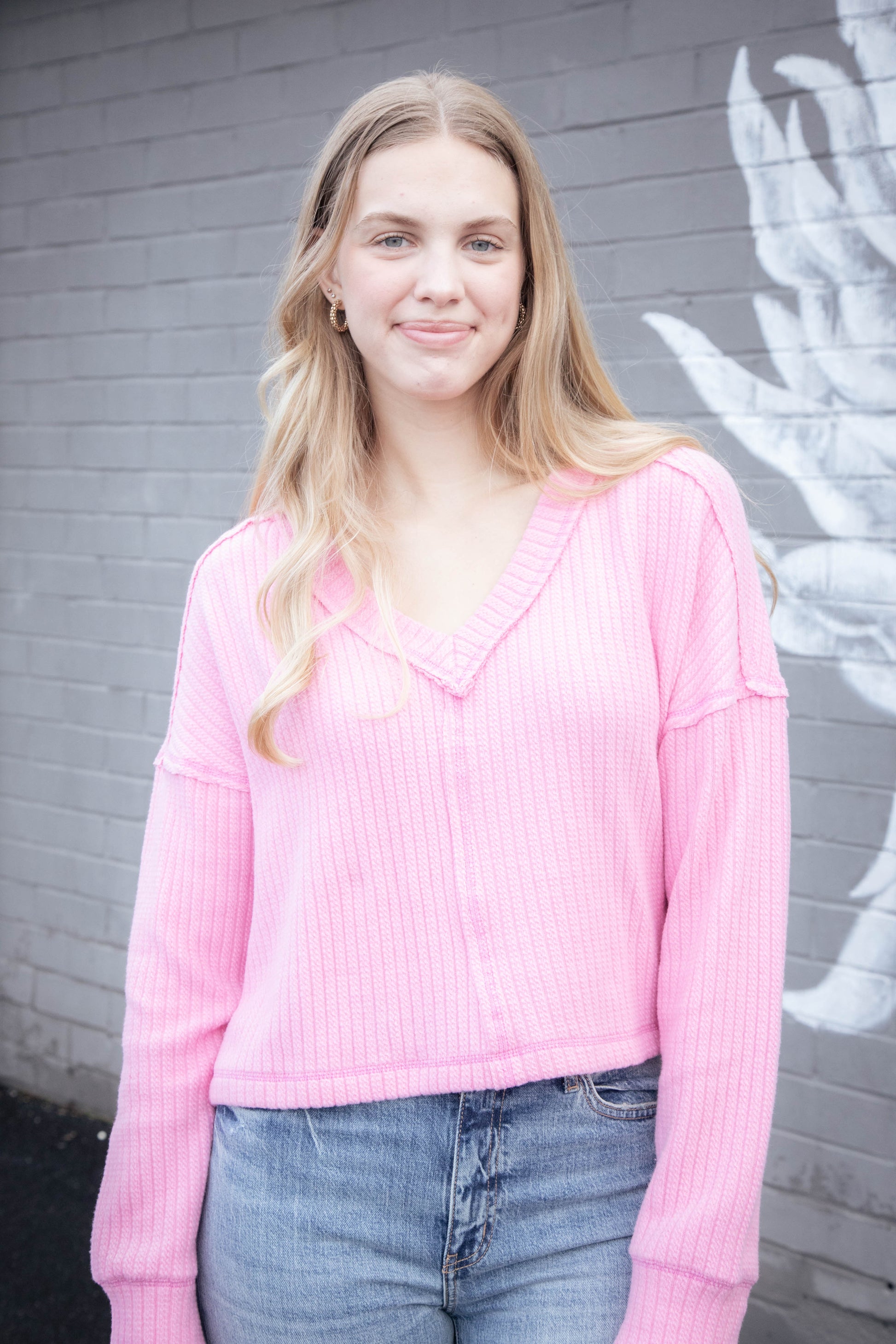  Mel Drop Shoulder Ribbed Top, Pink