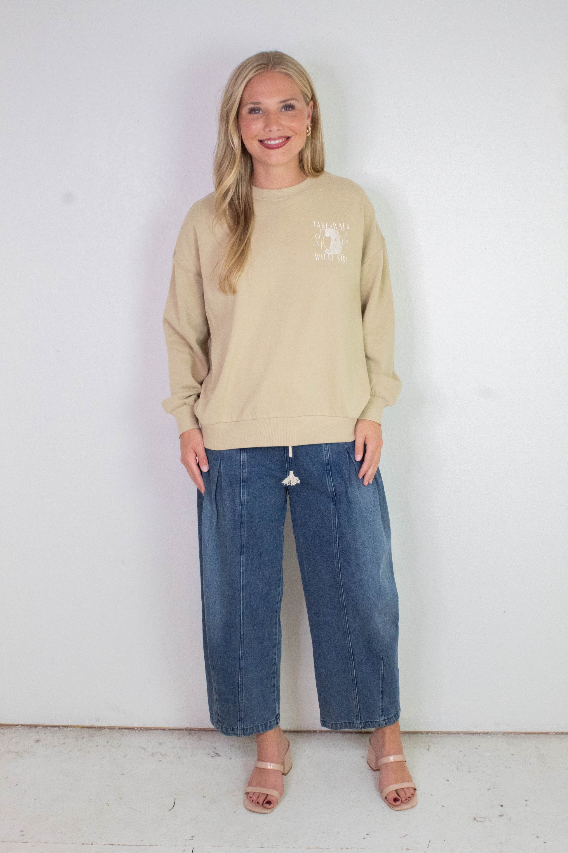  Raya Drawstring Barrel Leg Pants, Washed Denim