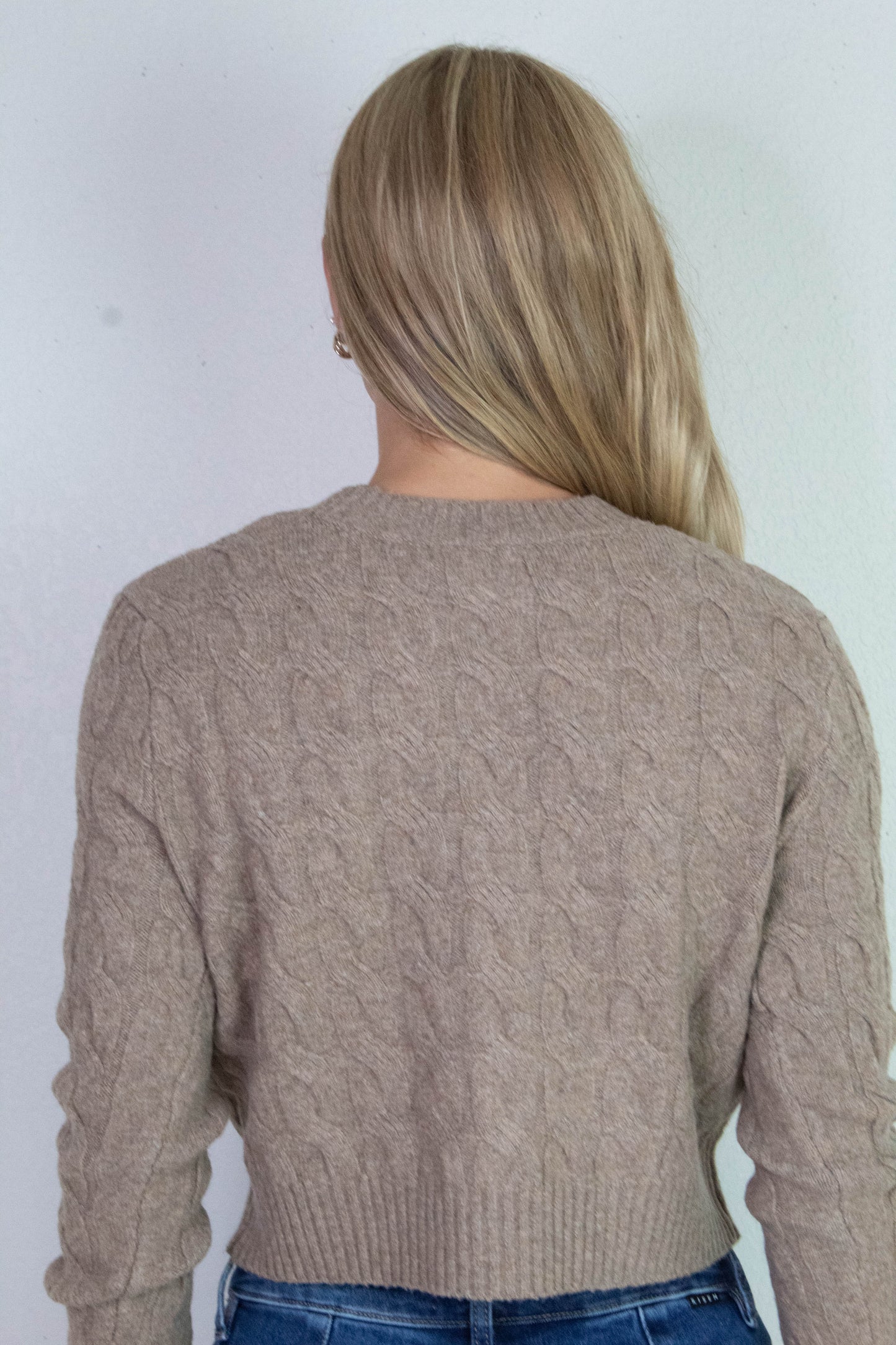 Ellie Gold Button Cable Knit Cardigan, Taupe