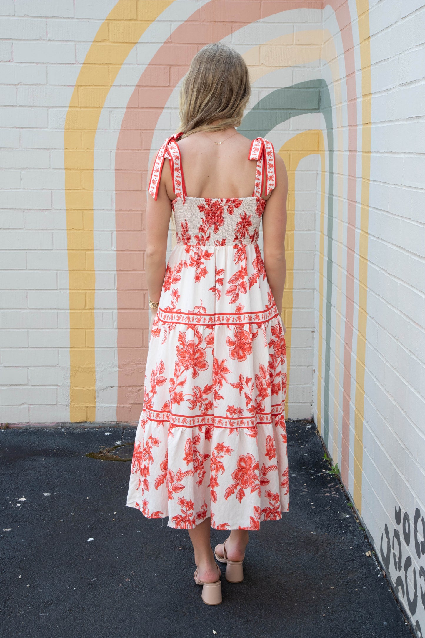  Milena Floral Shoulder Tie Bustier Dress, Sunset