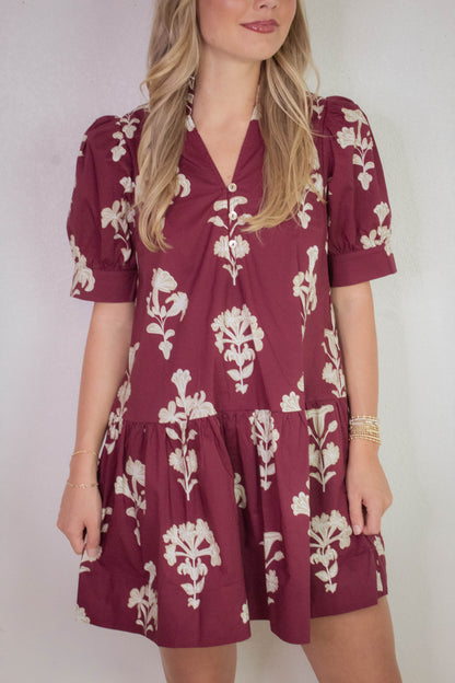  Zoe Printed Mini Dress, Garnet