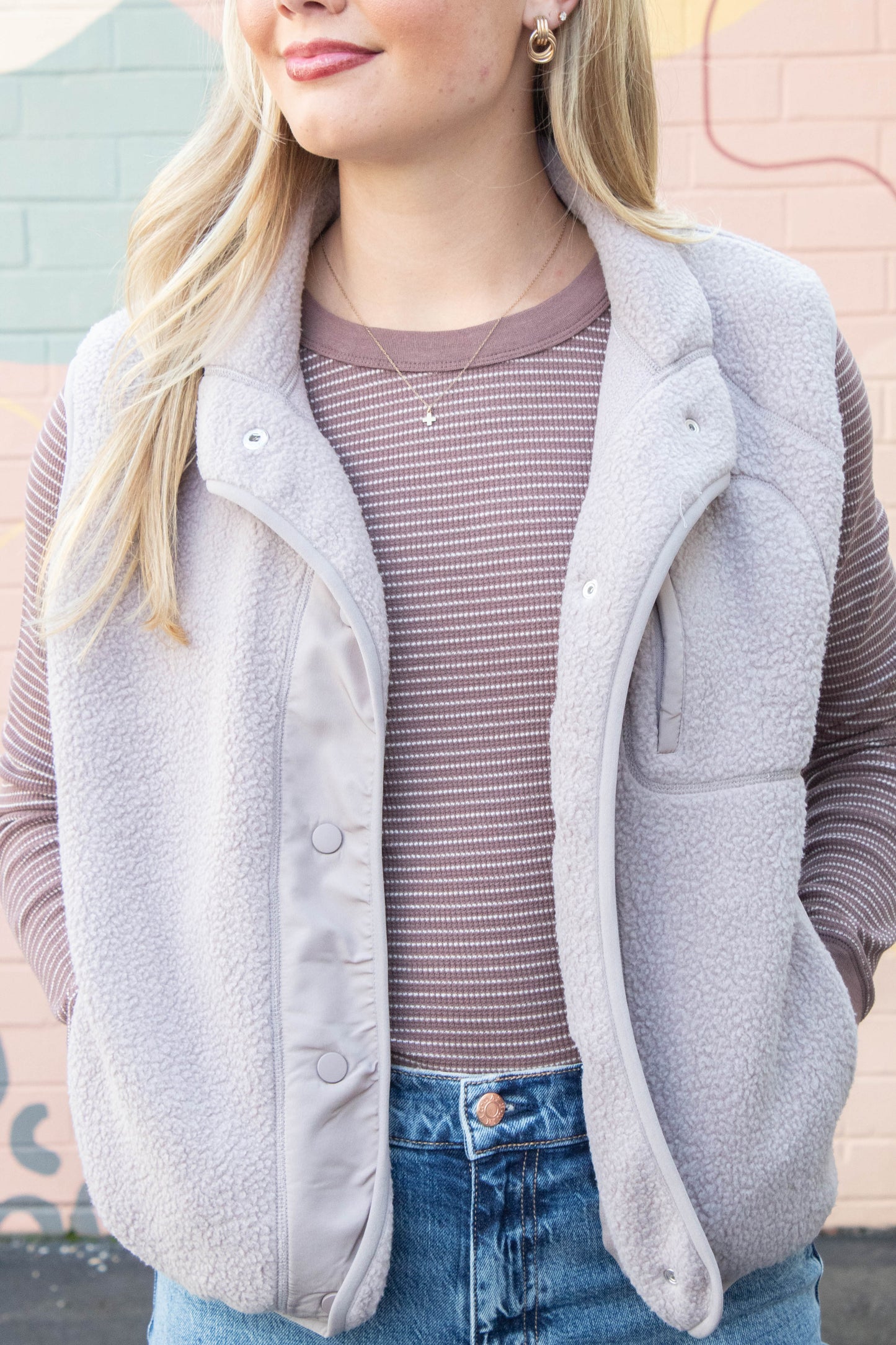 Be Cool Elena Fleece Button Up Vest, Earth Grey