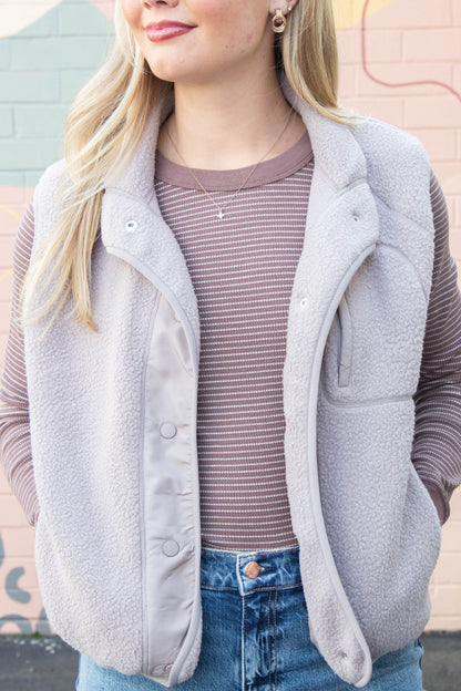 Be Cool Elena Fleece Button Up Vest, Earth Grey