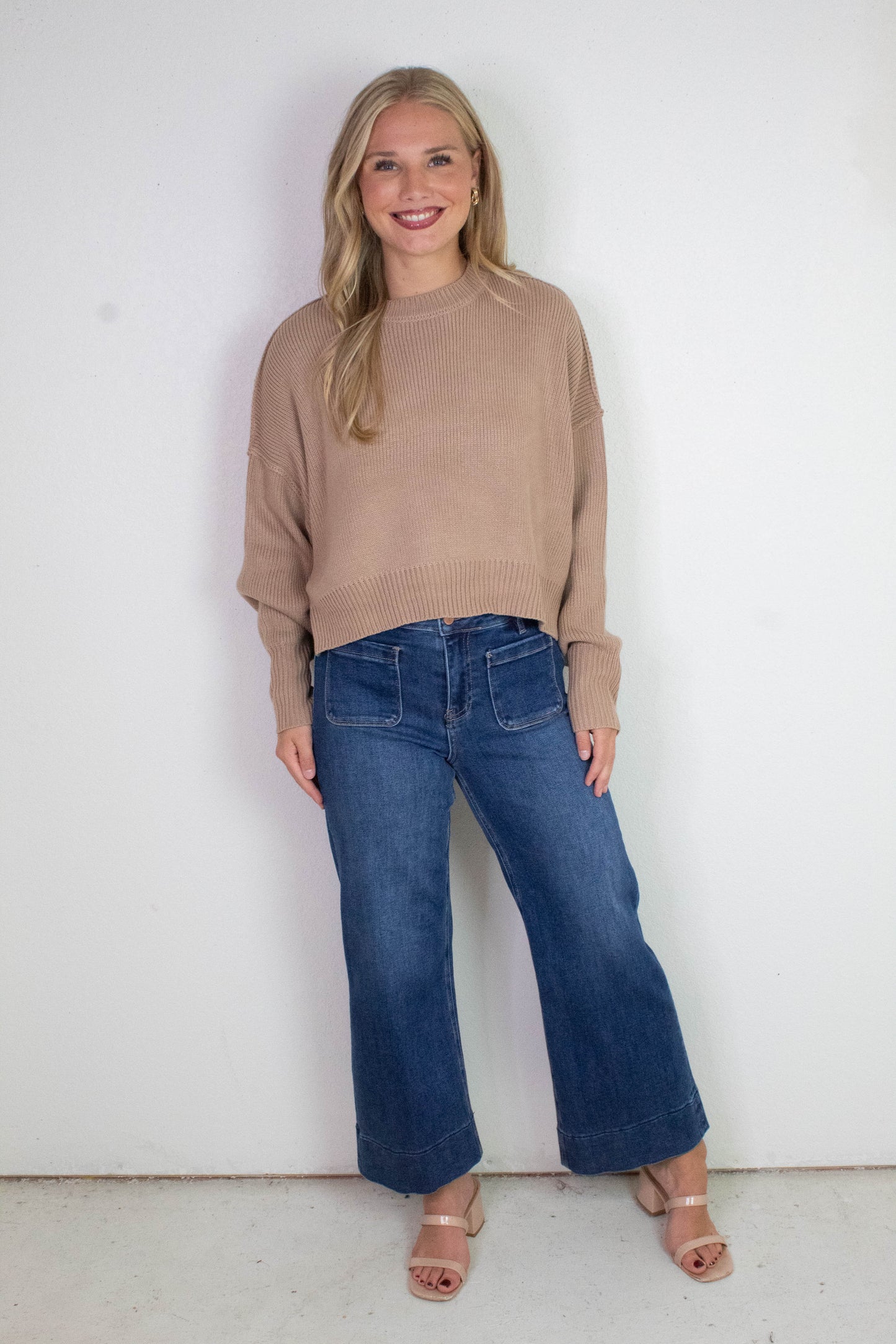  Camila Round Neck Cropped Sweater, Dark Taupe