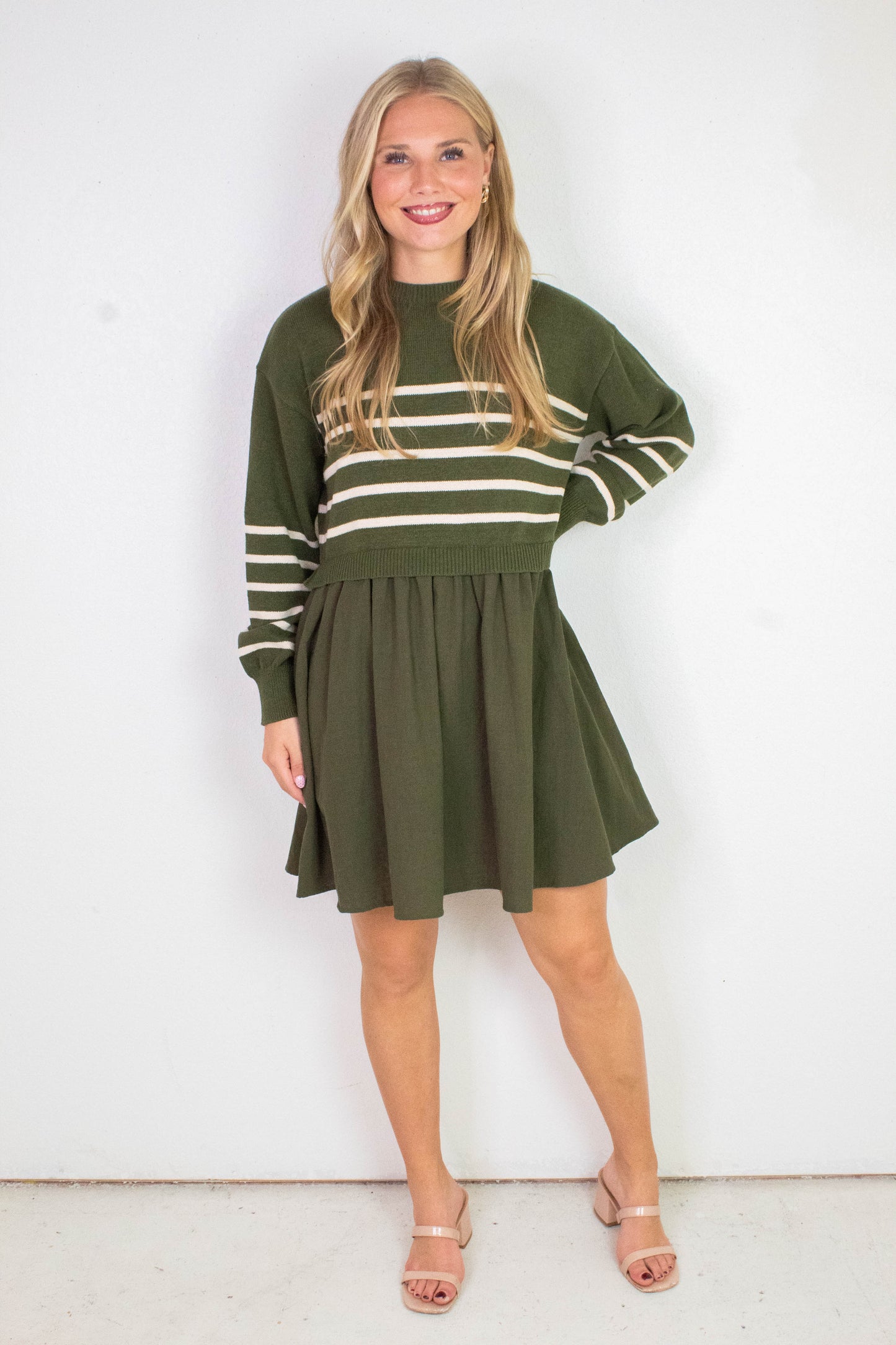  Holland Striped Mix Media Dress, Olive-Cream Stripe