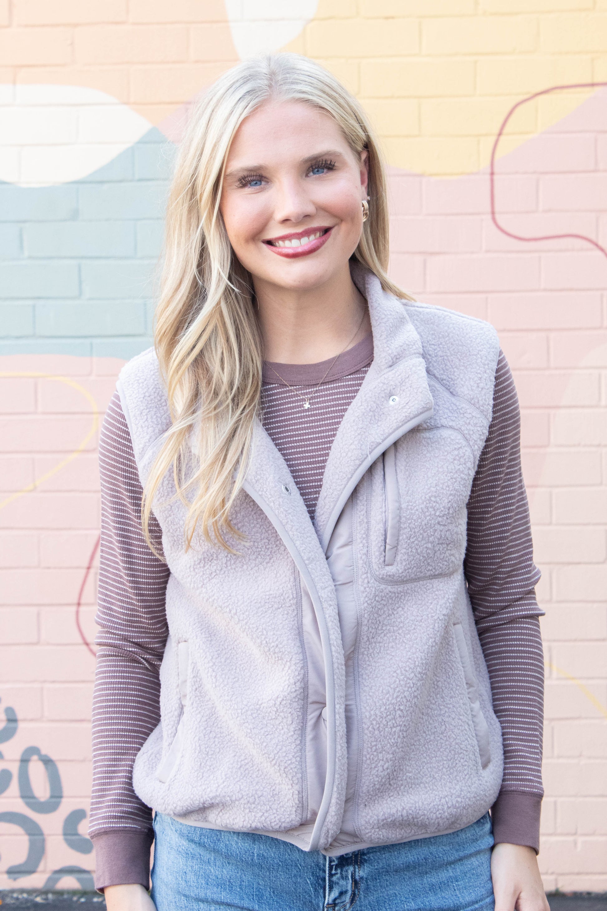 Be Cool Elena Fleece Button Up Vest, Earth Grey