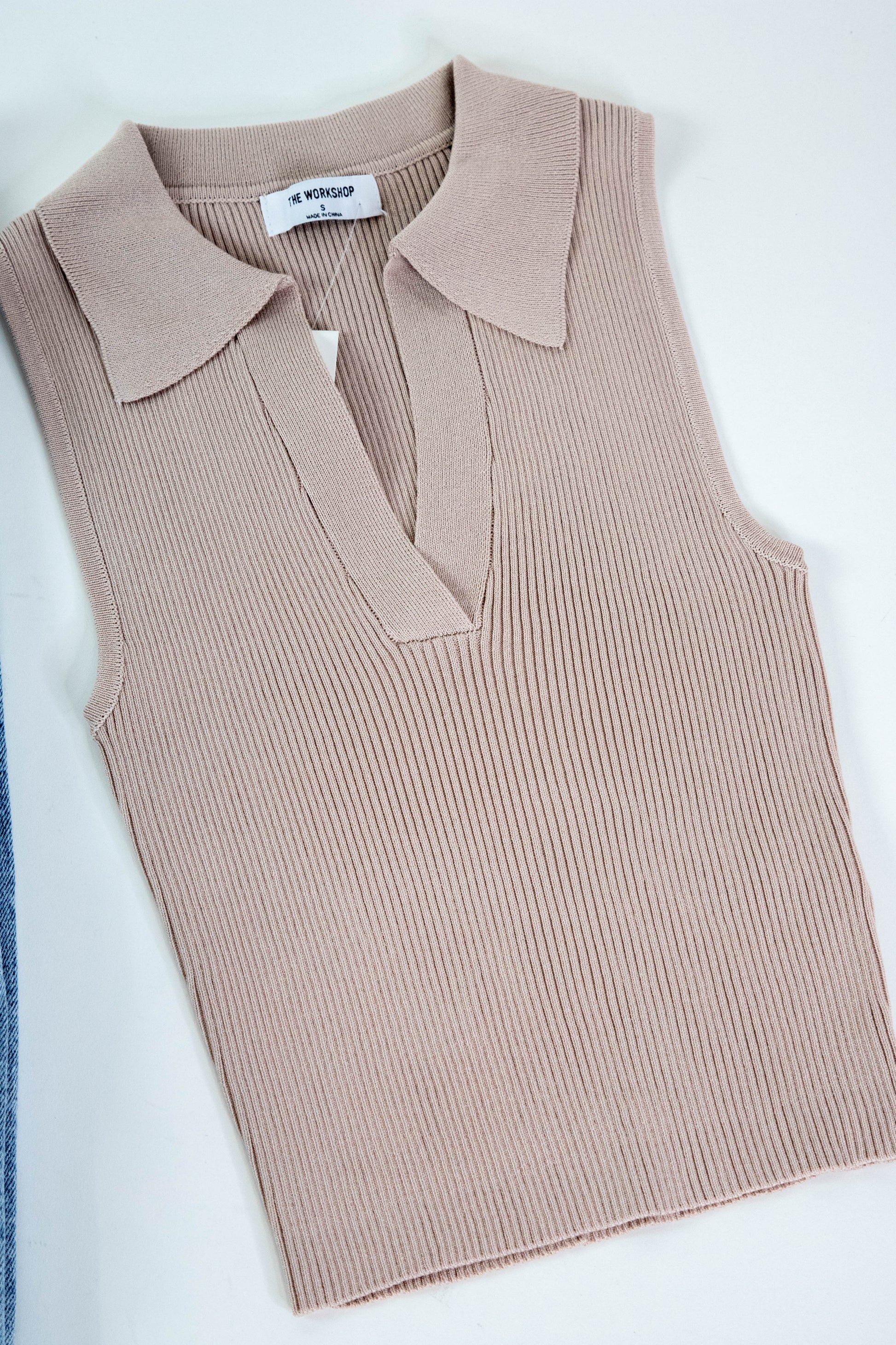  Ivey Collared Knit Crop Top, Light Taupe