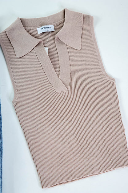  Ivey Collared Knit Crop Top, Light Taupe