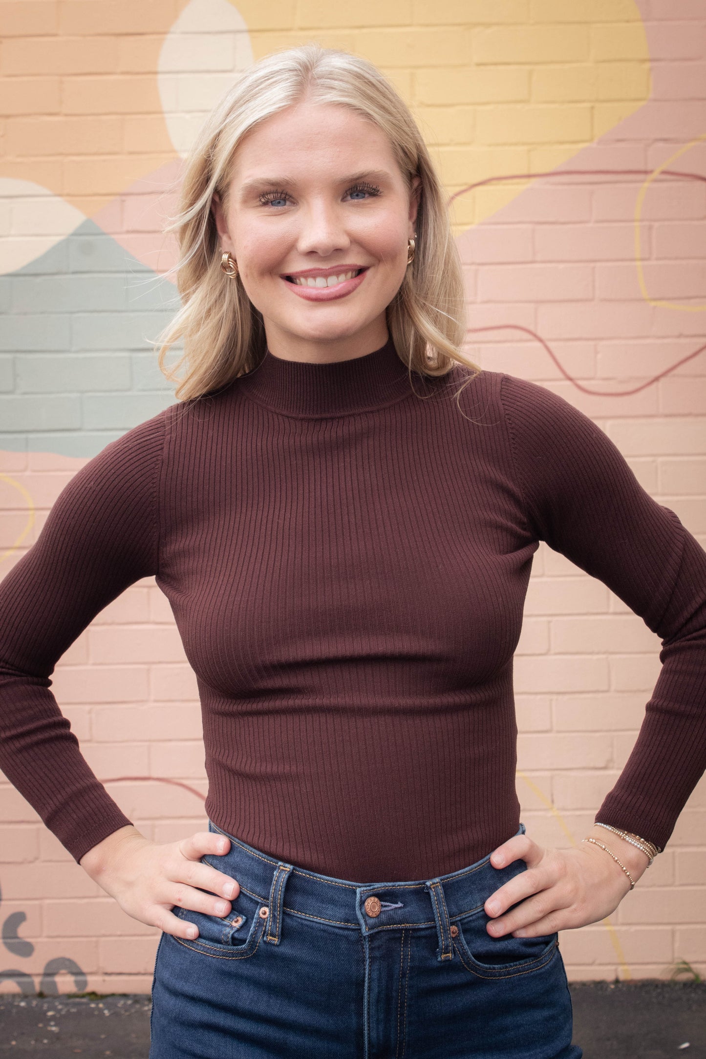  Bella High Neck Ribbed Bodysuit, Brown