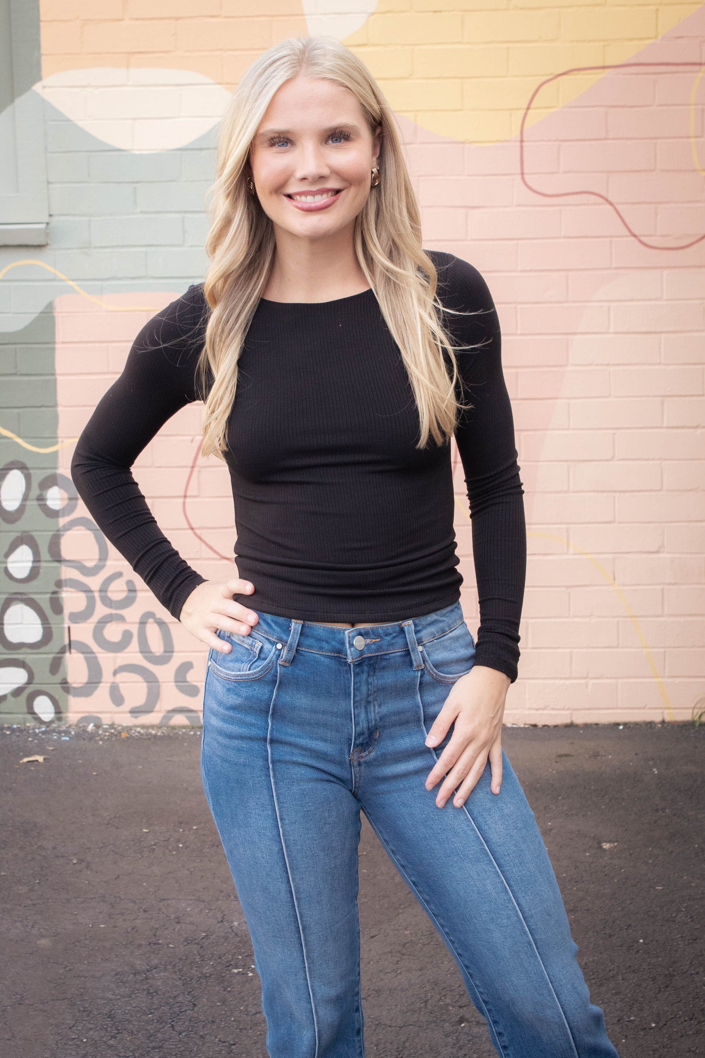  Elowyn Double Layer Rib Knit Tee, Black