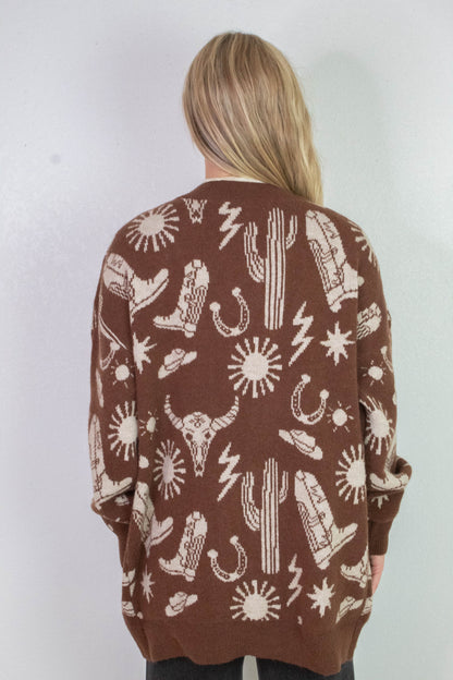  Alina Oversized Western Print Cardigan, Chocolate