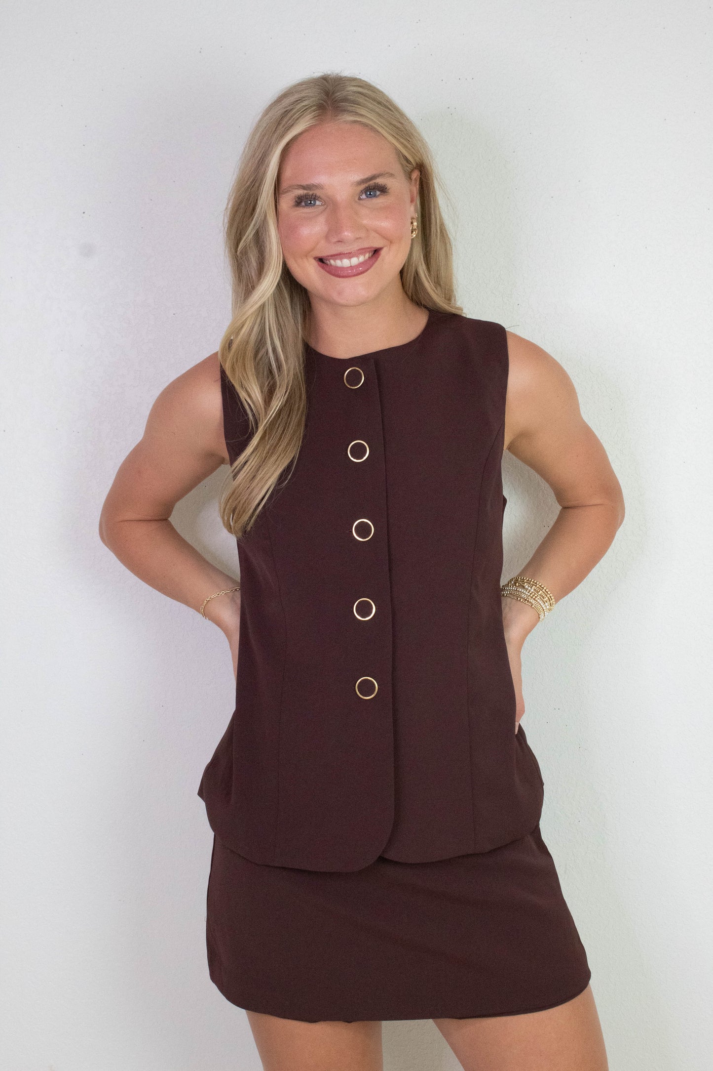  Geraldine Solid Button Down Romper, Chocolate