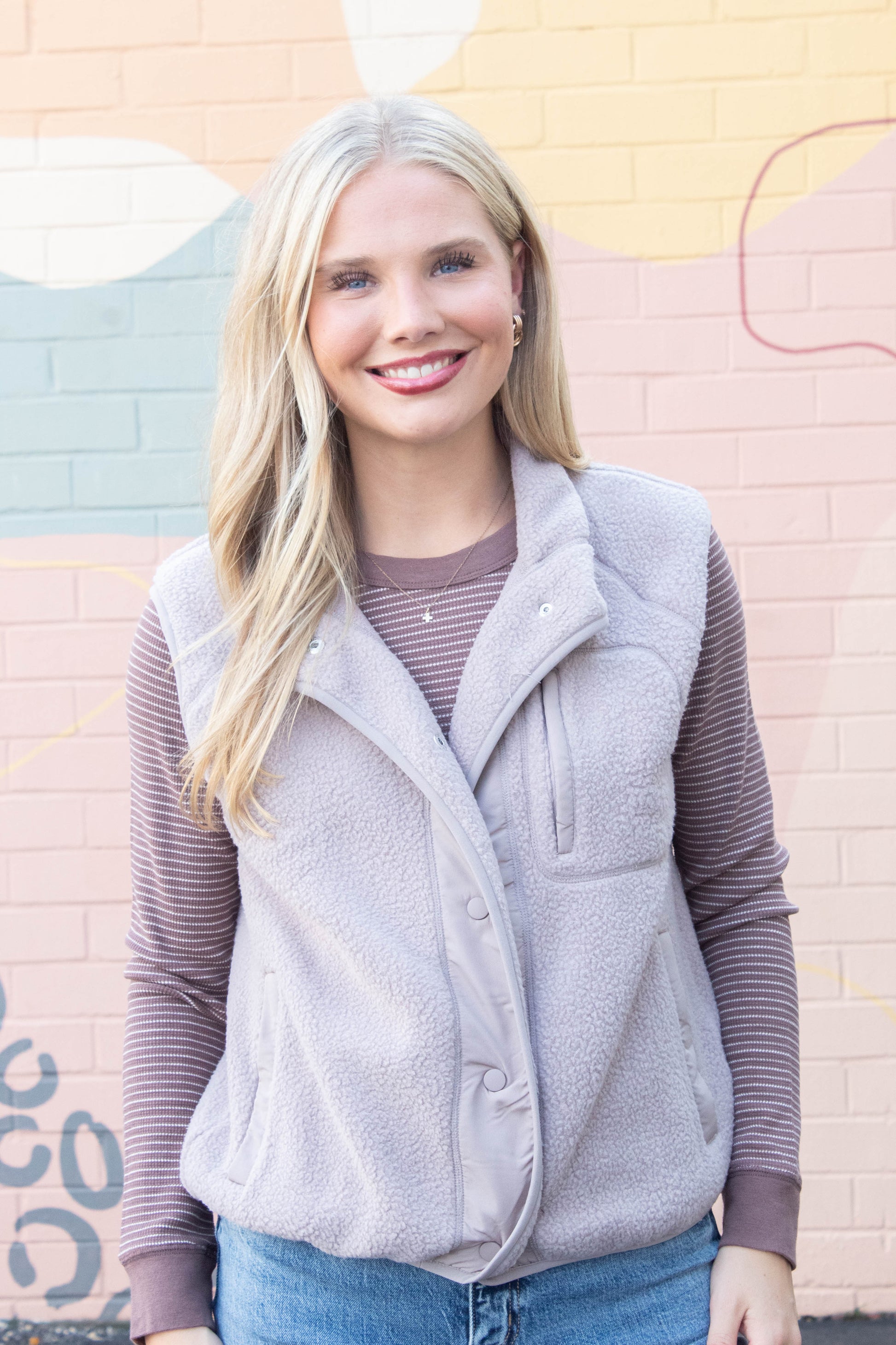 Be Cool Elena Fleece Button Up Vest, Earth Grey