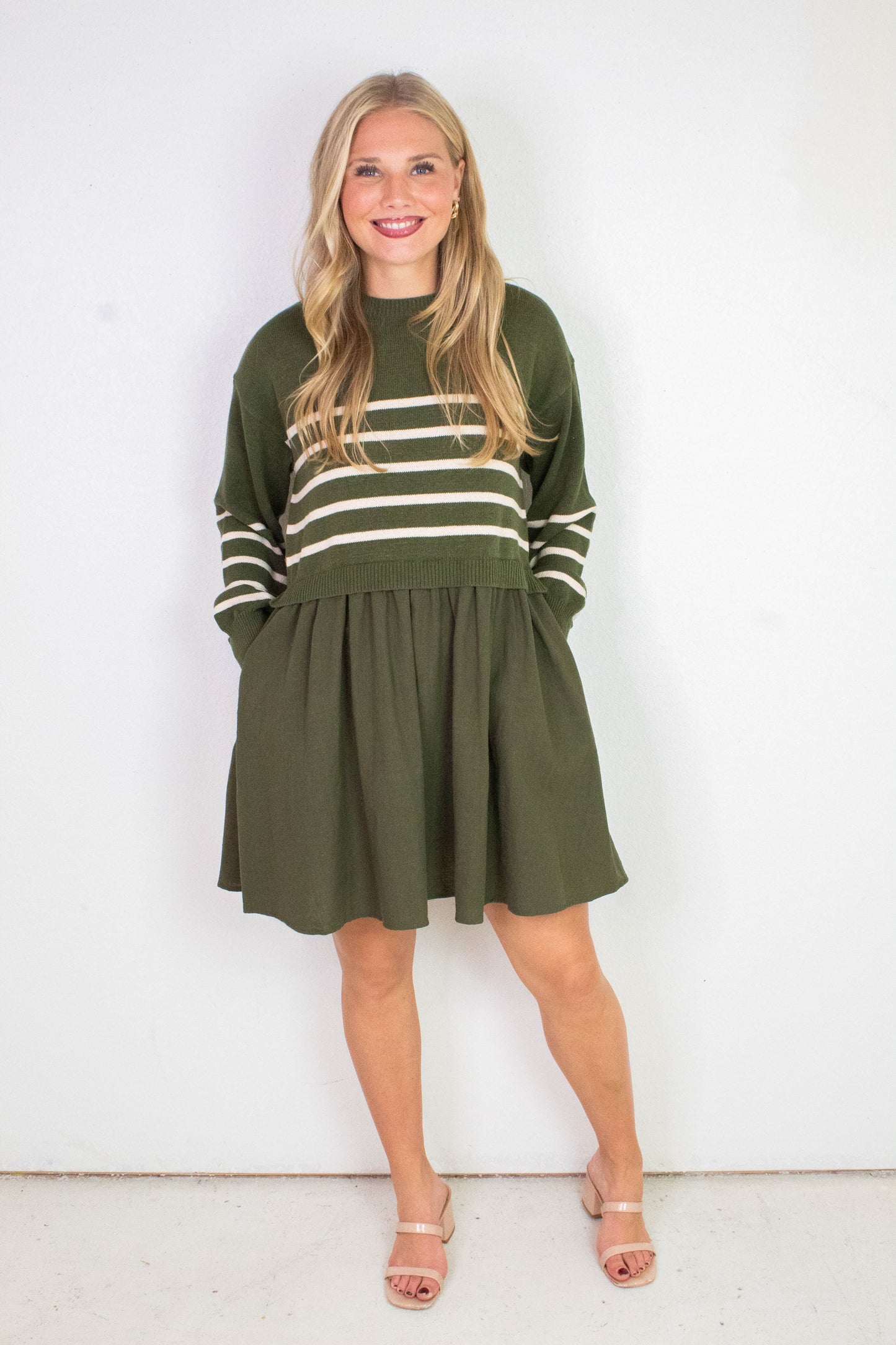 Holland Striped Mix Media Dress, Olive-Cream Stripe