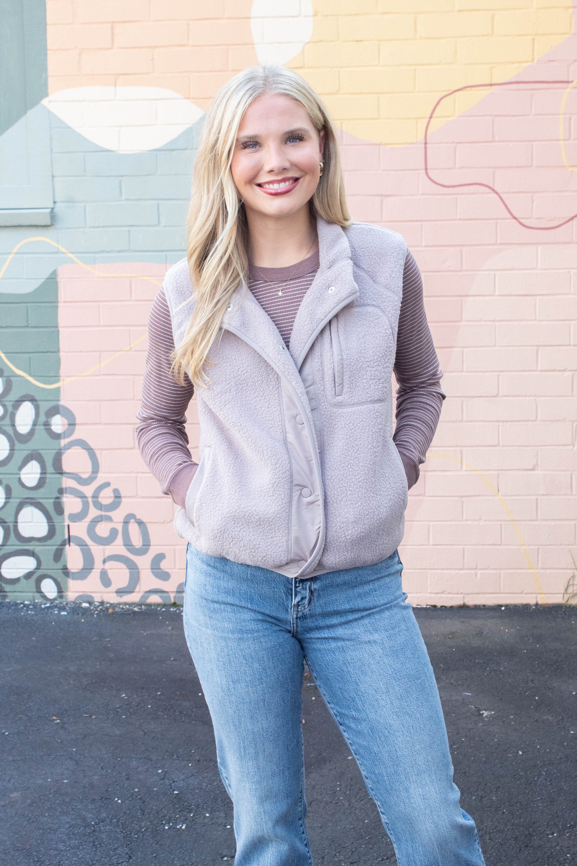 Be Cool Elena Fleece Button Up Vest, Earth Grey