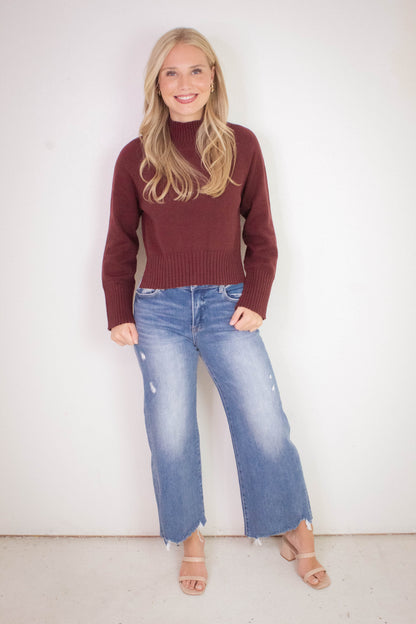  Roxy Mock Neck Rib Detail Sweater, Red Wood