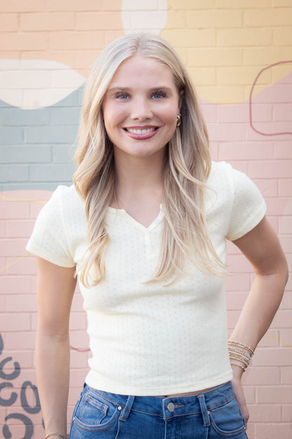 Julia Pointelle Knit Henley Top, Butter