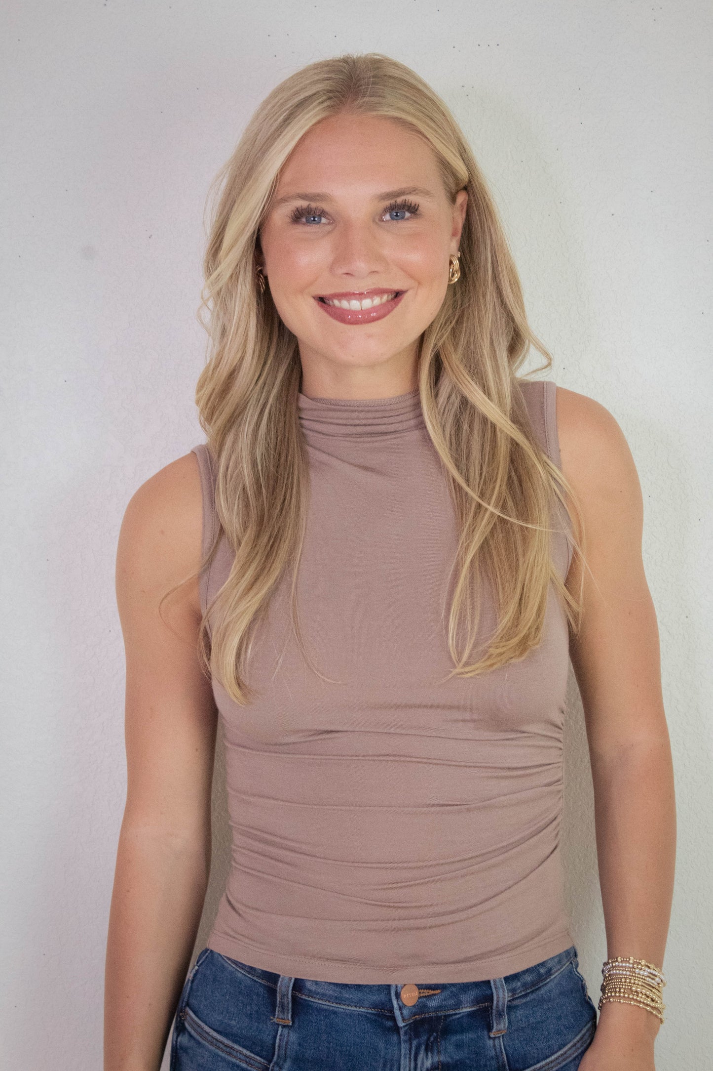  Josephine Mock Neck Ruched Top, Taupe