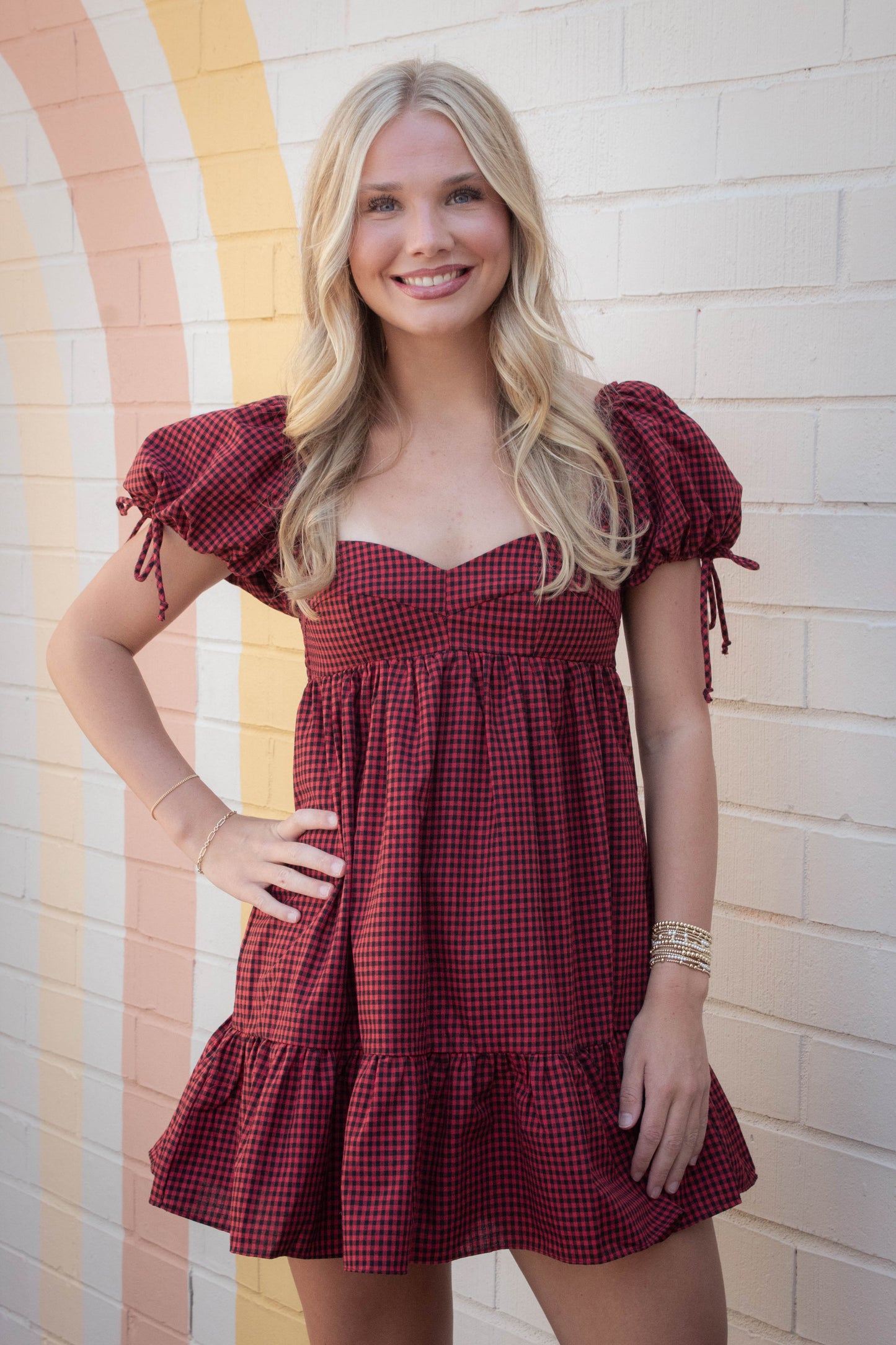  Francine Sweetheart Neck Checkered Dress, Black Red