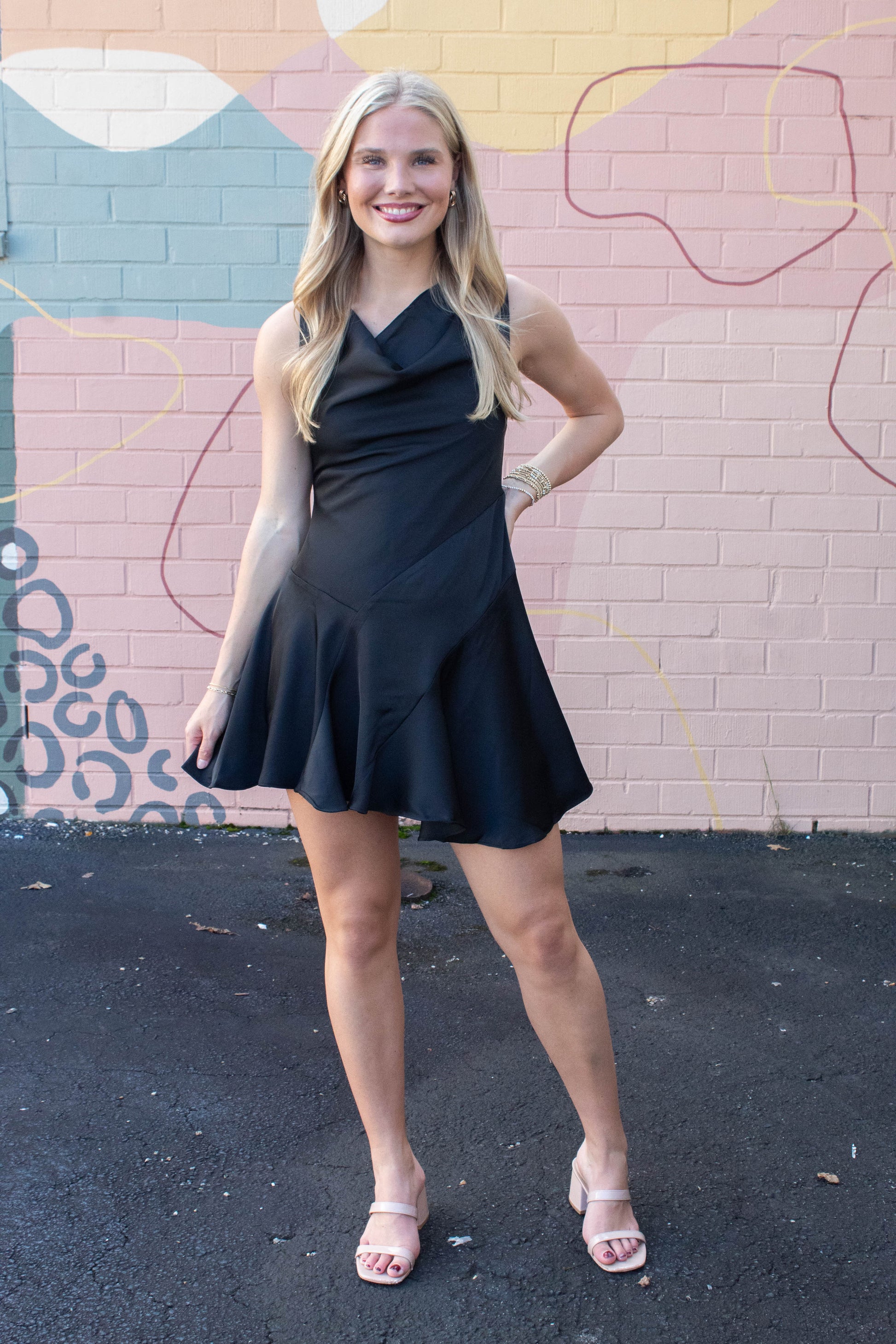  Mackenzie Cowl Neck Satin Dress, Black