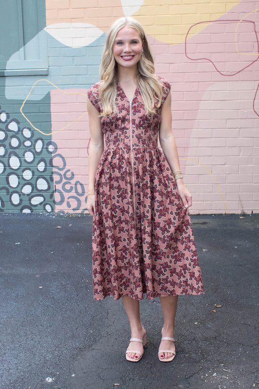 Molly Printed Front Zip Dress, Dusty Rose/Wine