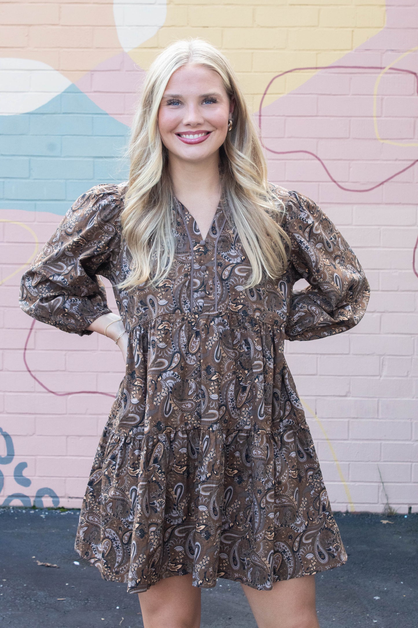 Adaline Paisley Print Mini Dress, Brown