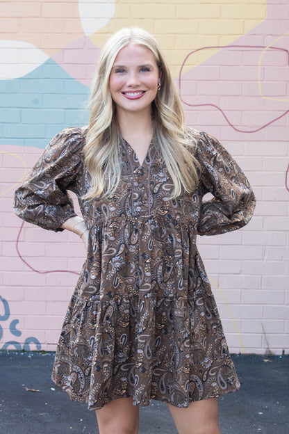  Adaline Paisley Print Mini Dress, Brown