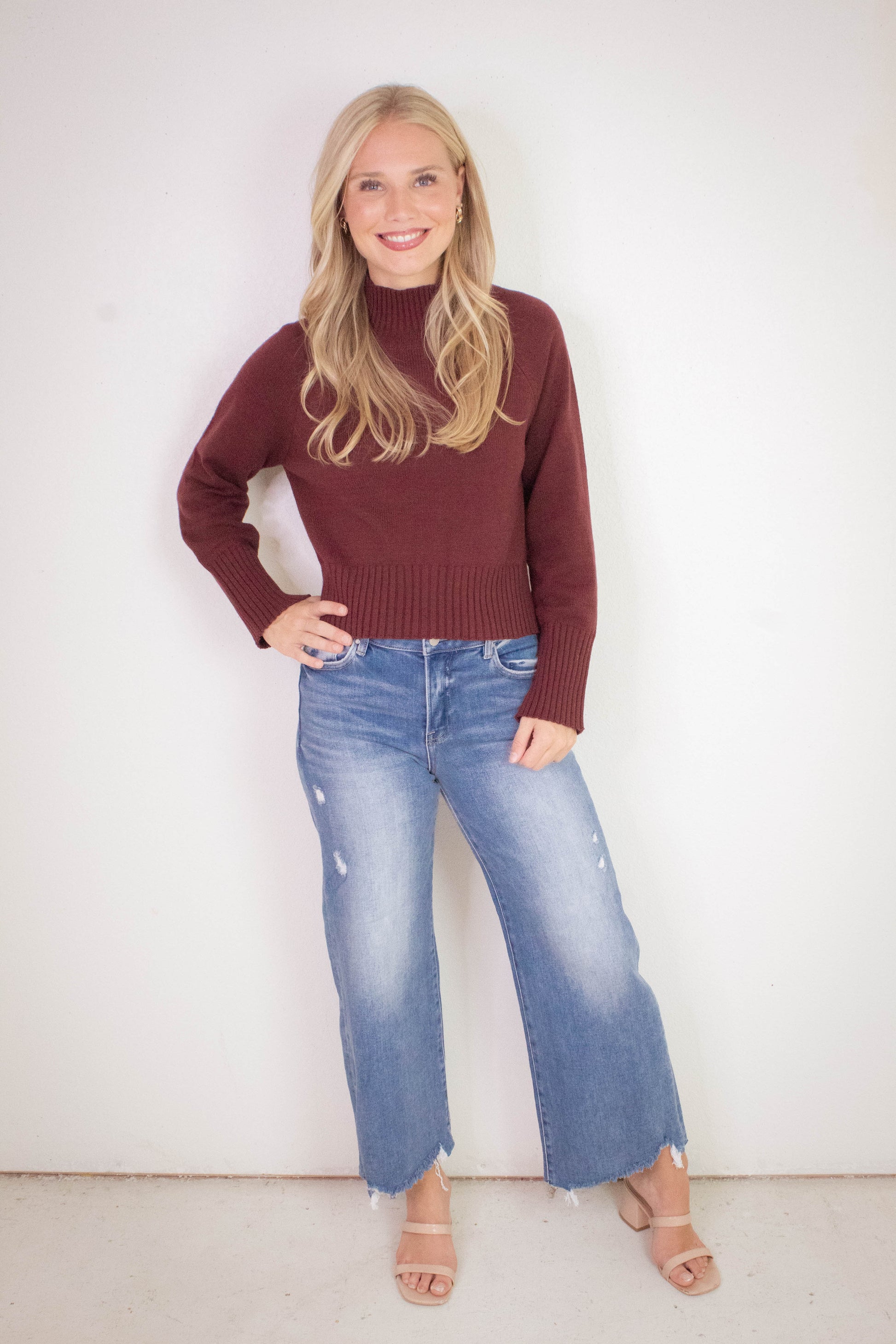  Roxy Mock Neck Rib Detail Sweater, Red Wood