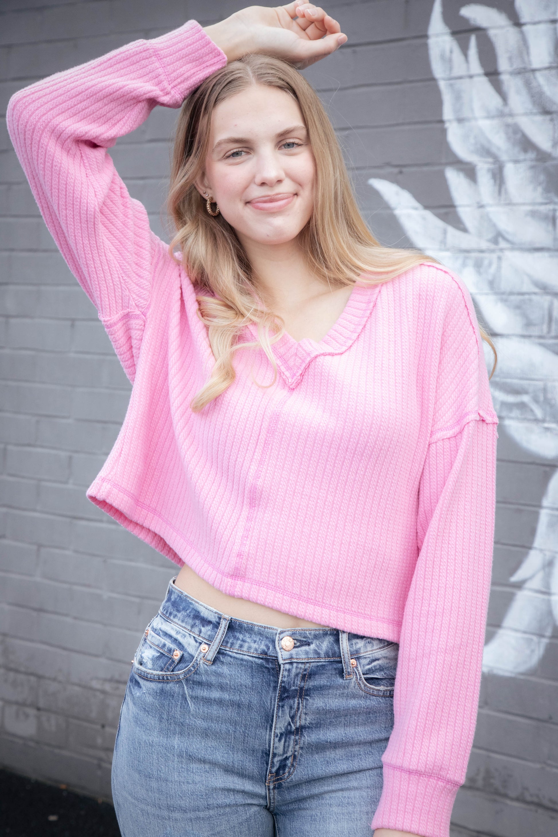  Mel Drop Shoulder Ribbed Top, Pink