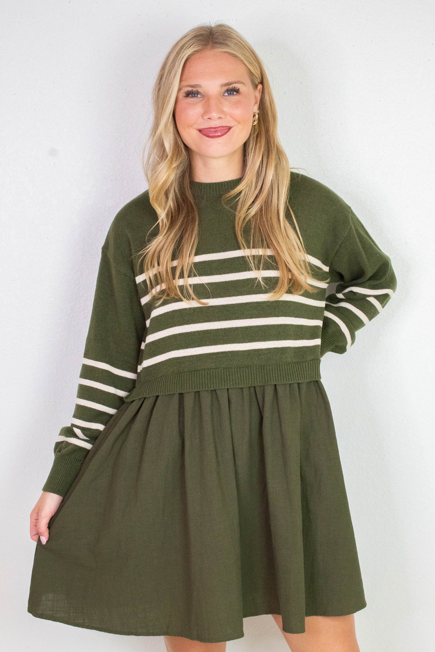 Holland Striped Mix Media Dress, Olive-Cream Stripe