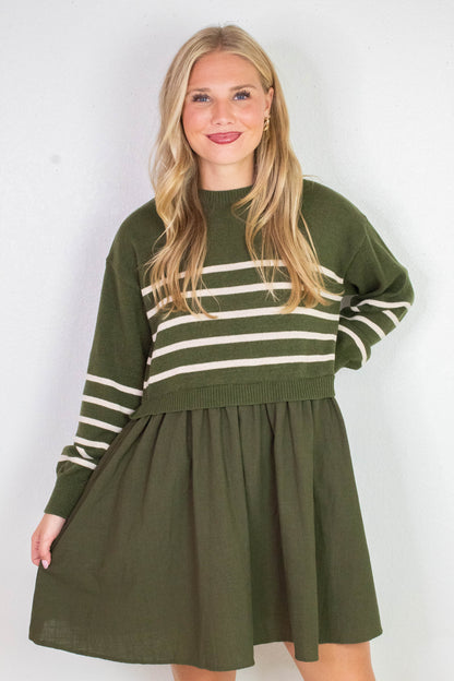  Holland Striped Mix Media Dress, Olive-Cream Stripe