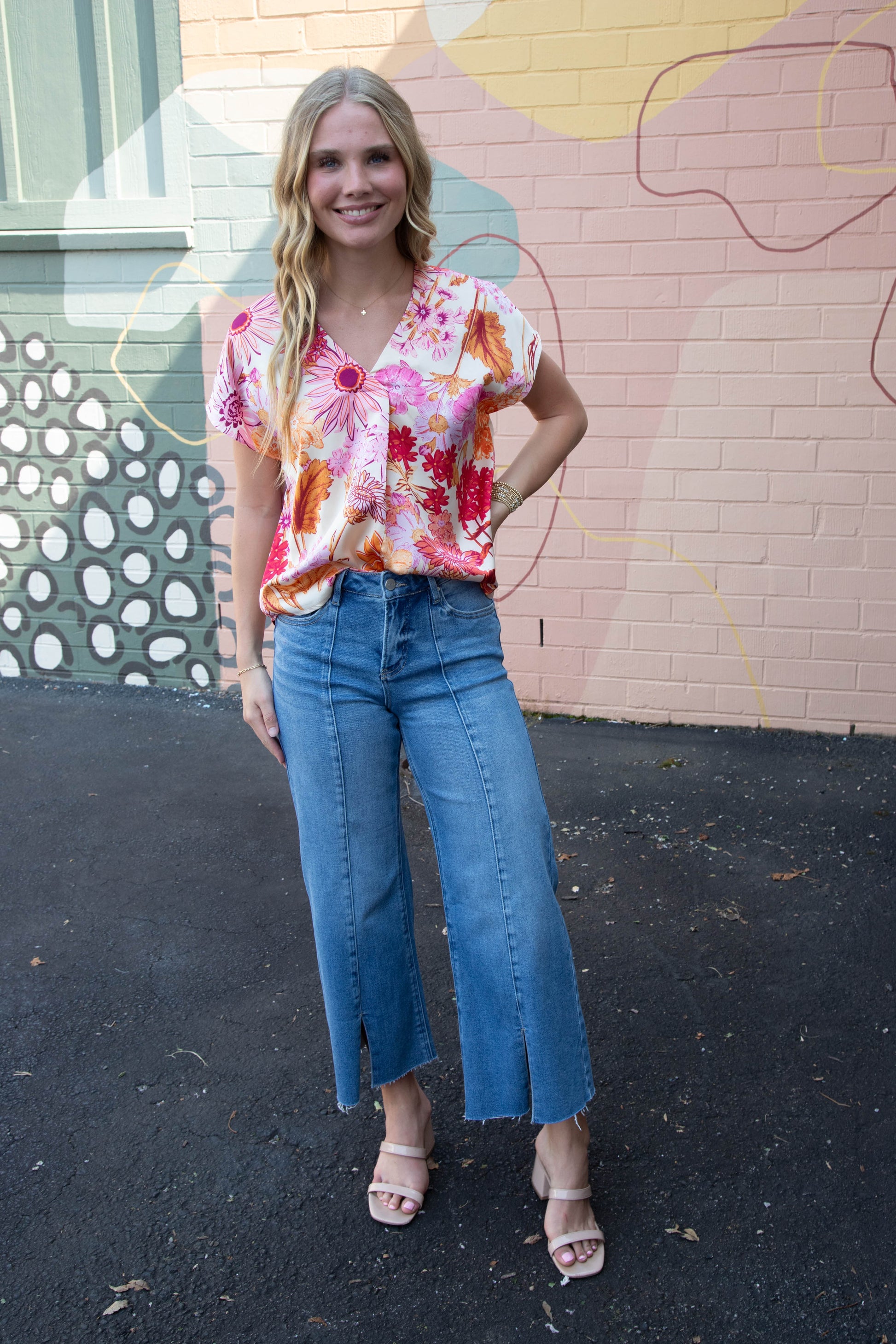  Christina Satin Flower Print Top, Orange/Cream
