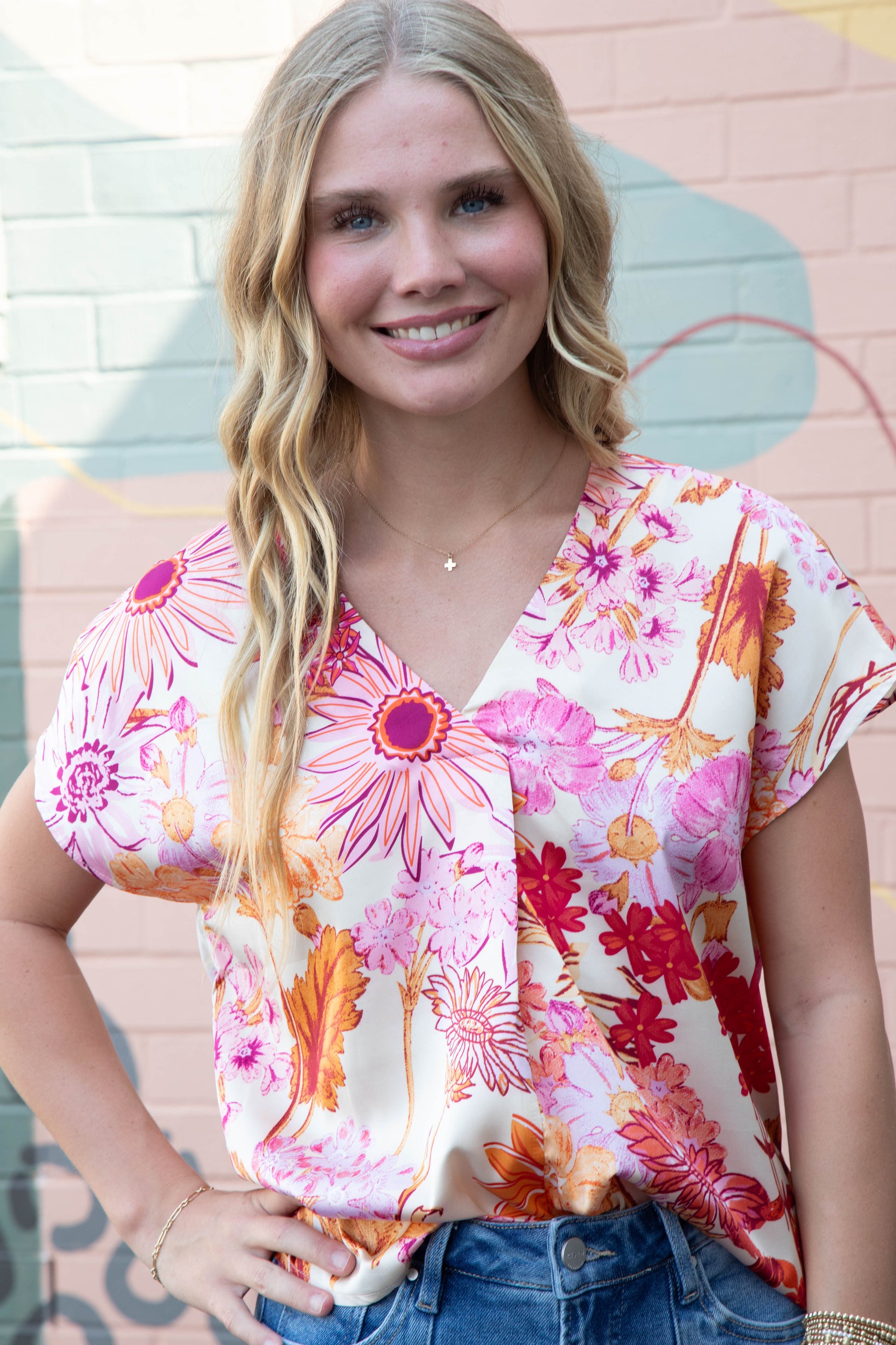  Christina Satin Flower Print Top, Orange/Cream