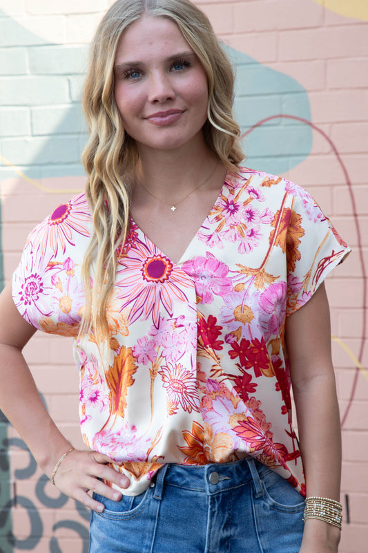  Christina Satin Flower Print Top, Orange/Cream