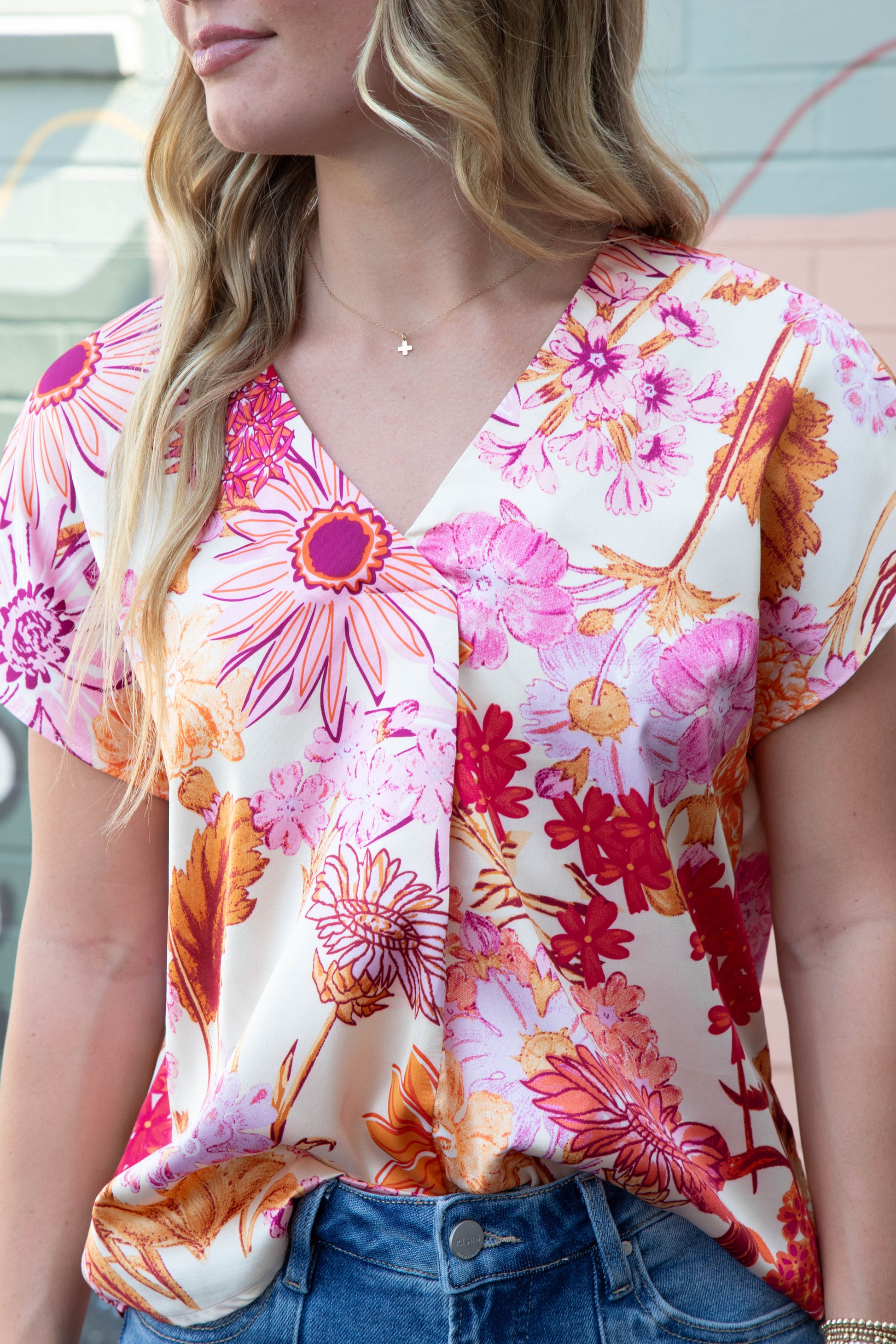  Christina Satin Flower Print Top, Orange/Cream