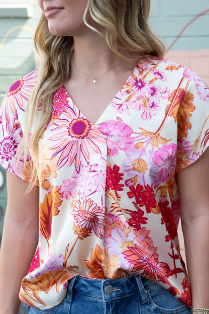  Christina Satin Flower Print Top, Orange/Cream