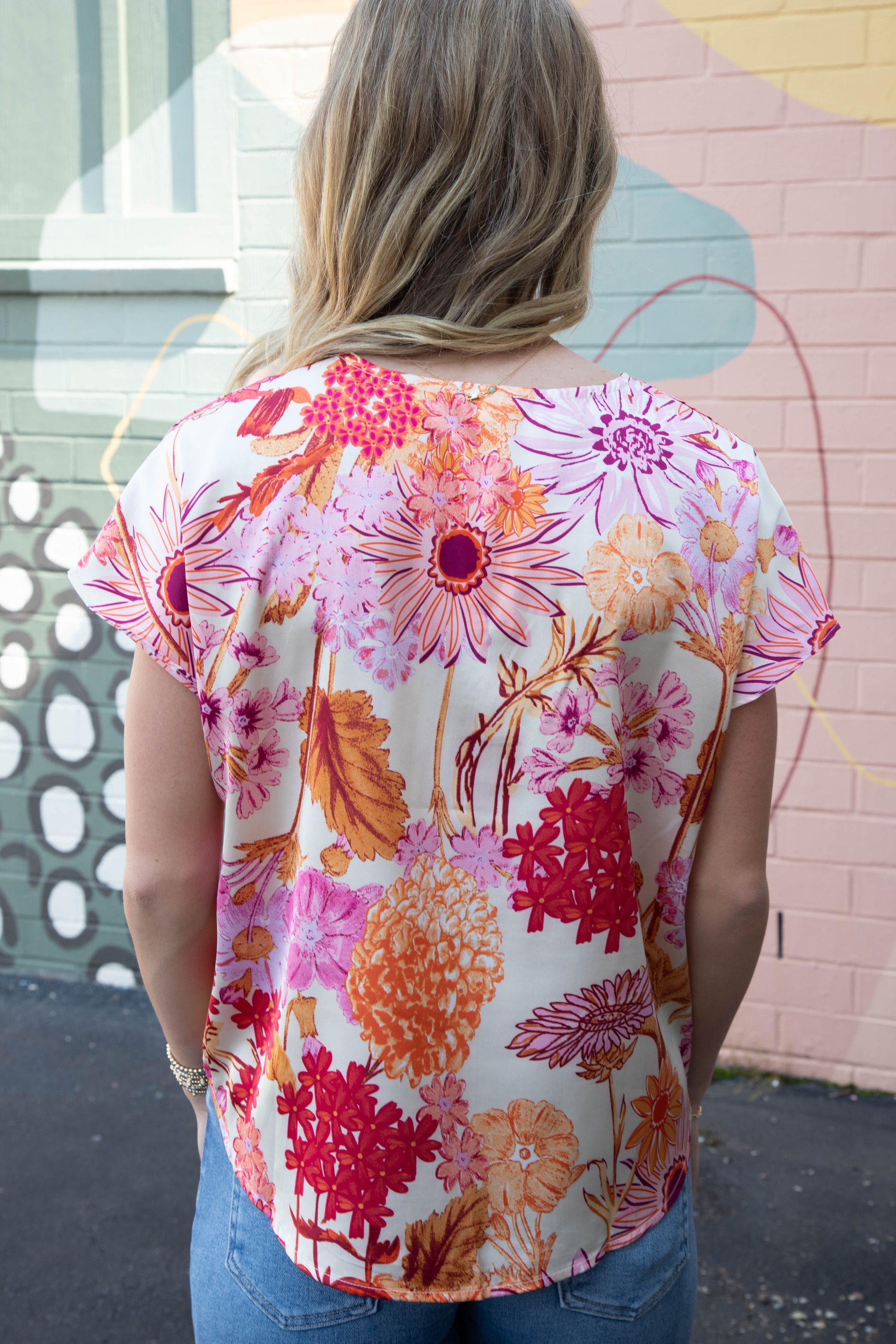  Christina Satin Flower Print Top, Orange/Cream