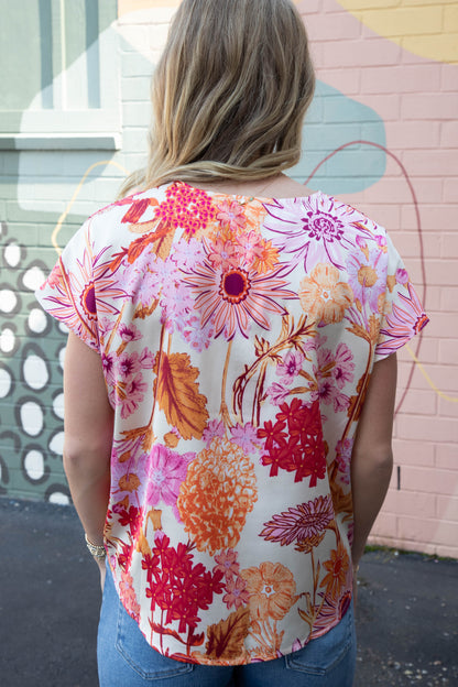  Christina Satin Flower Print Top, Orange/Cream