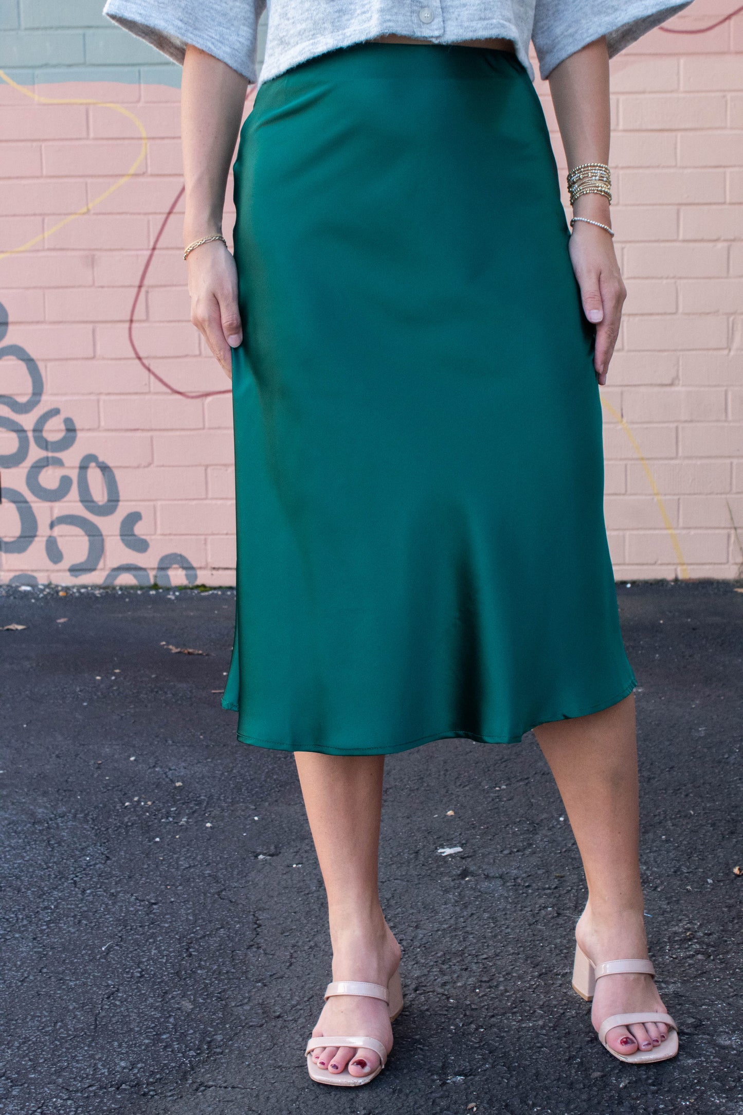  Stevie Satin Bias Midi Skirt, Sea Green