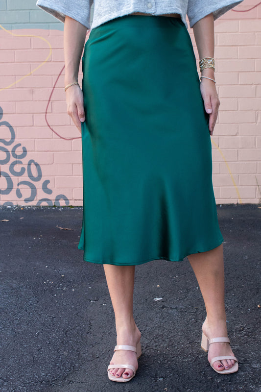  Stevie Satin Bias Midi Skirt, Sea Green